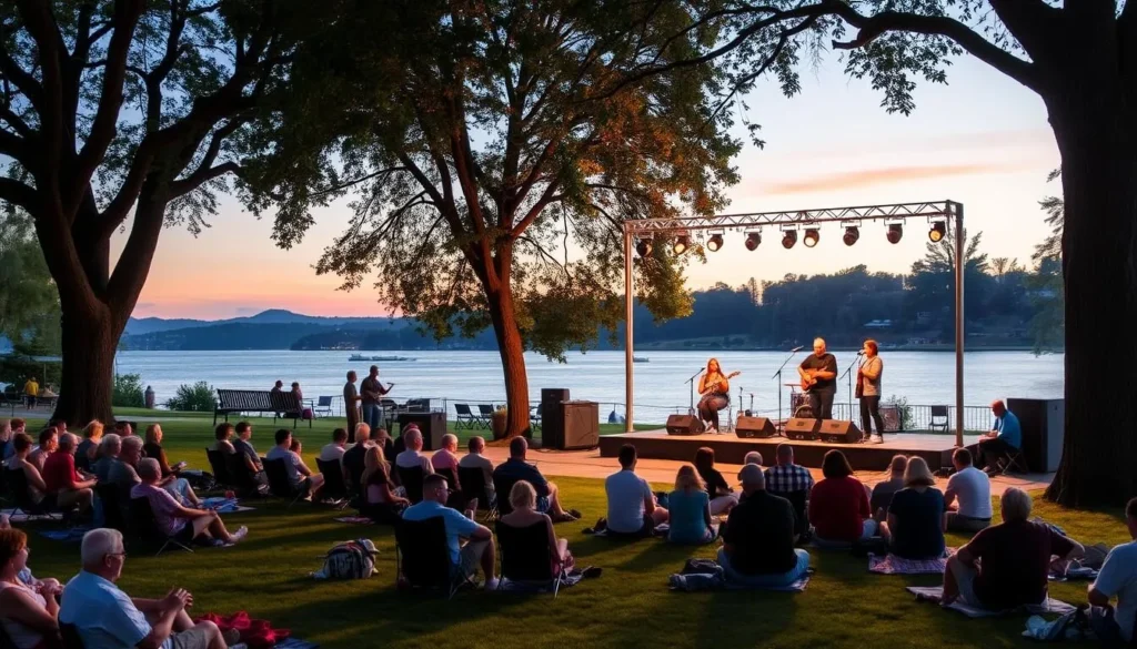 Concerts in the Park at Library Park, Lakeport with band performing and audience on lawn Concerts in the Park at Library Park, Lakeport with band performing and audience on lawn