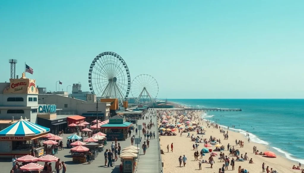 Coney Island boardwalk and beach with Luna Park amusement rides in background, classic Kings County New York attraction Coney Island boardwalk and beach with Luna Park amusement rides in background, classic Kings County New York attraction