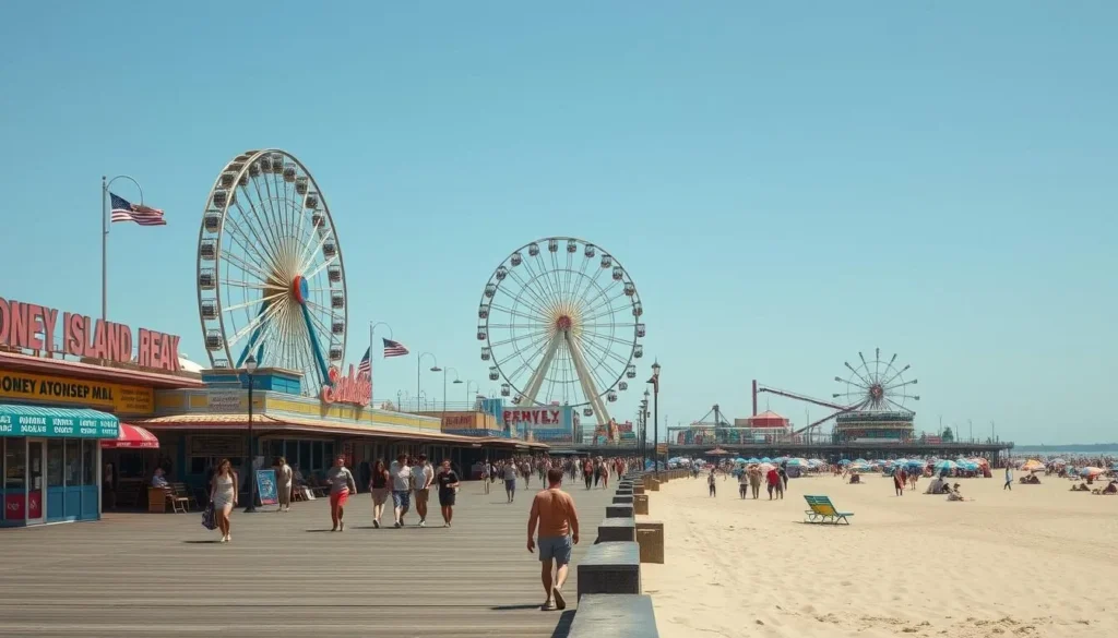 Coney Island boardwalk with Wonder Wheel, roller coaster, and beachgoers on a bright summer day Coney Island boardwalk with Wonder Wheel, roller coaster, and beachgoers on a bright summer day