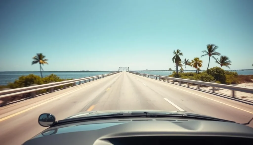 Convertible car driving on Sanibel Island causeway in Lee County Convertible car driving on Sanibel Island causeway in Lee County