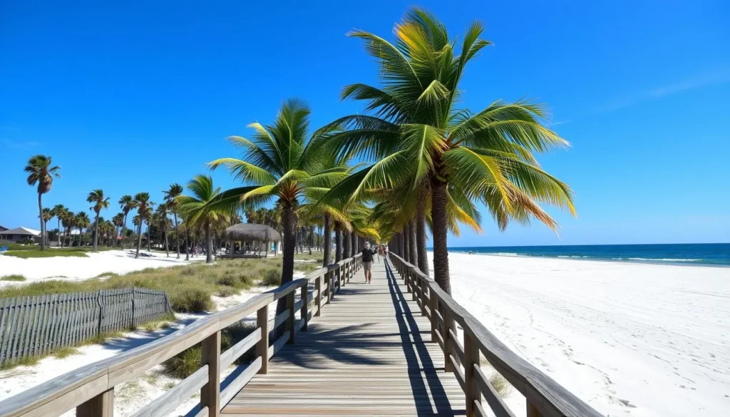Coquina Beach boardwalk with palm trees in Manatee County Florida Coquina Beach boardwalk with palm trees in Manatee County Florida