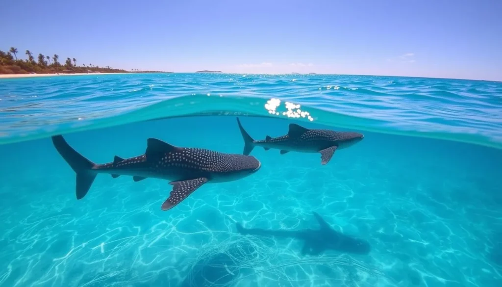 Coral Bay, Western Australia. A picturesque coastal haven, where the warm azure waters of the Indian Ocean meet the pristine white sand beaches. In the distance, a majestic trio of whale sharks gracefully glide through the shimmering waves, their distinctive spotted patterns catching the golden glow of the sun. The scene is tranquil, with a slight breeze ruffling the surface of the sea. Capture this serene moment with a wide-angle lens, framing the gentle giants against the backdrop of the lush, palm-fringed shoreline. The mood is one of wonder and awe, as these magnificent creatures bask in the beauty of their natural habitat.
