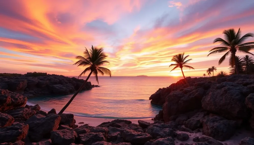 Coral Bay sunset: a picturesque coastal scene in Western Australia. Vibrant hues of orange, pink, and purple dance across the sky, casting a warm glow over the serene turquoise waters of the bay. In the foreground, rugged rocky outcrops frame the view, their shadows stretching across the sand. Lush palm trees sway gently in the soft breeze, adding to the tranquil, tropical atmosphere. The scene is illuminated by a golden, low-angle sun, casting long shadows and creating a soft, cinematic lighting effect. Capture the beauty of this stunning natural landscape, showcasing the idyllic sunset experience that draws visitors to this picturesque destination.