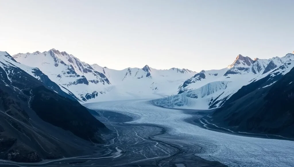 Corbassière Glacier, a majestic ice flow nestled within the grand Swiss Alps. Capture its towering seracs and crevasses against a backdrop of rugged peaks, their snow-capped summits glistening in the warm sunlight. Compose the scene with a wide-angle lens to showcase the glacier's vast scale, its icy expanse stretching as far as the eye can see. Convey a sense of tranquility and awe, as the glacier's timeless presence stands in contrast to the dynamic alpine environment. Employ a natural, documentary-style approach, allowing the breathtaking natural beauty to take center stage.