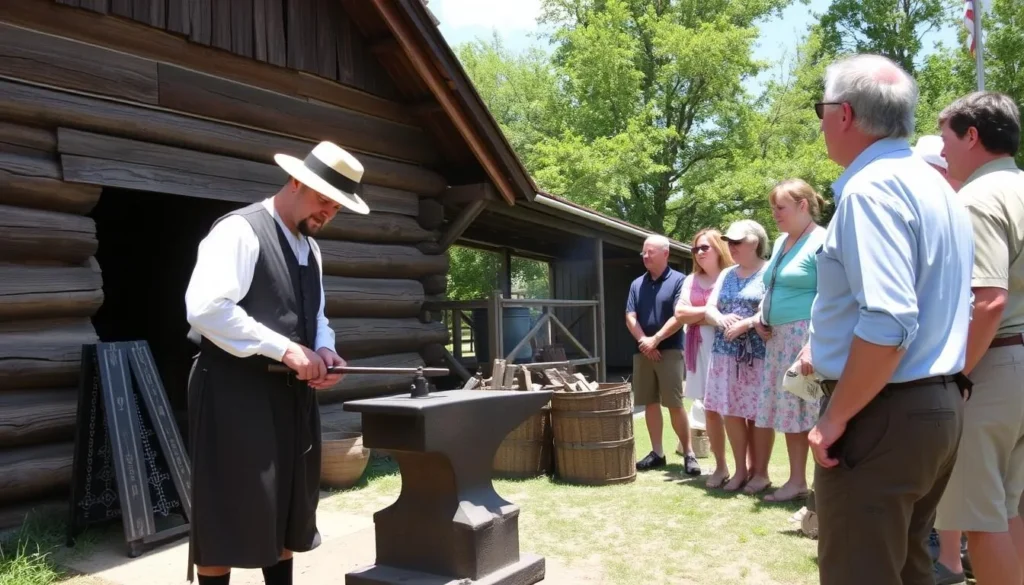 Costumed interpreter demonstrating blacksmithing at New Salem during summer Costumed interpreter demonstrating blacksmithing at New Salem during summer