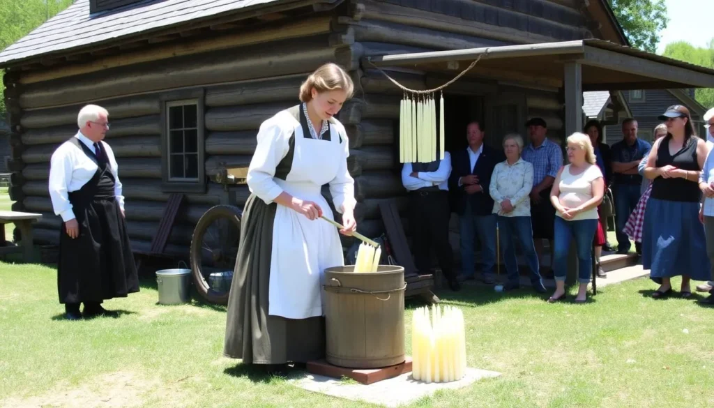 Costumed interpreter demonstrating candle making at New Salem Costumed interpreter demonstrating candle making at New Salem