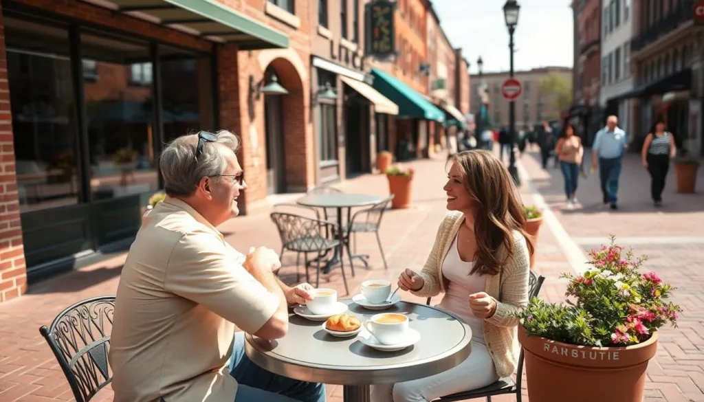 Couple enjoying coffee at an outdoor cafe in downtown Paducah Couple enjoying coffee at an outdoor cafe in downtown Paducah