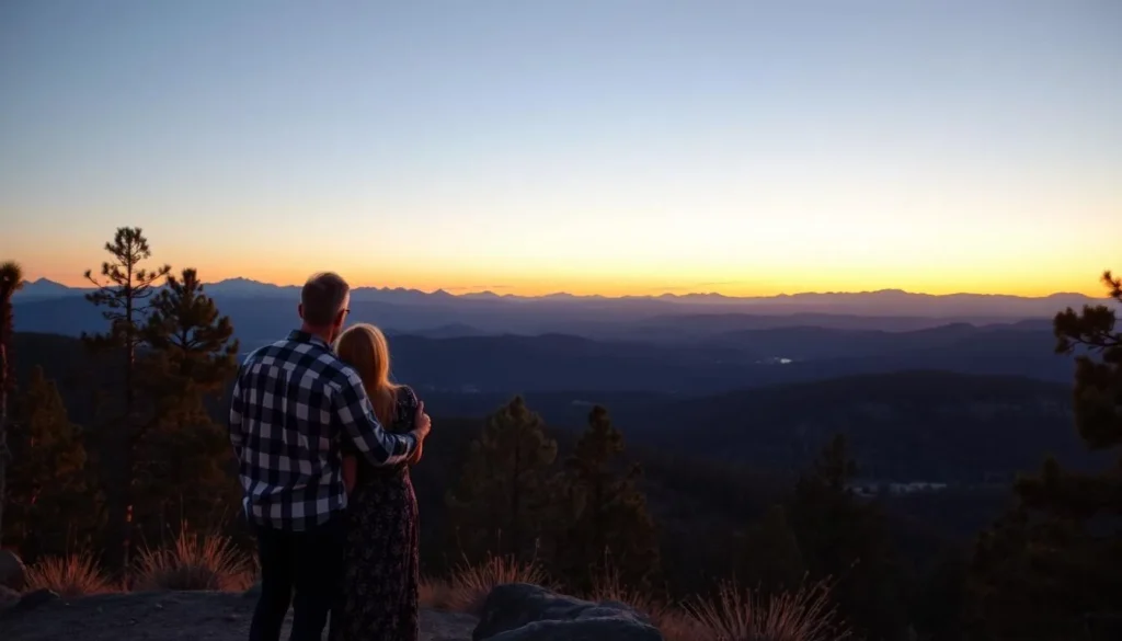 Couple enjoying sunset view from a scenic overlook in Nevada County Couple enjoying sunset view from a scenic overlook in Nevada County