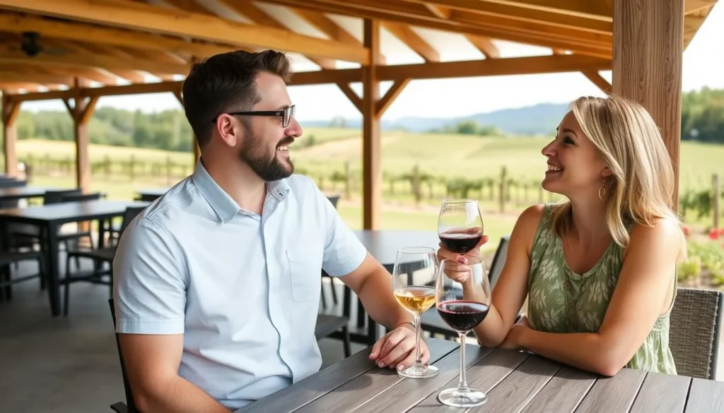 Couple enjoying wine tasting at a Washington County vineyard Couple enjoying wine tasting at a Washington County vineyard