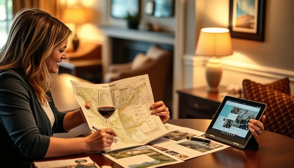 Couple planning their Paso Robles winery tour with maps and wine glasses Couple planning their Paso Robles winery tour with maps and wine glasses
