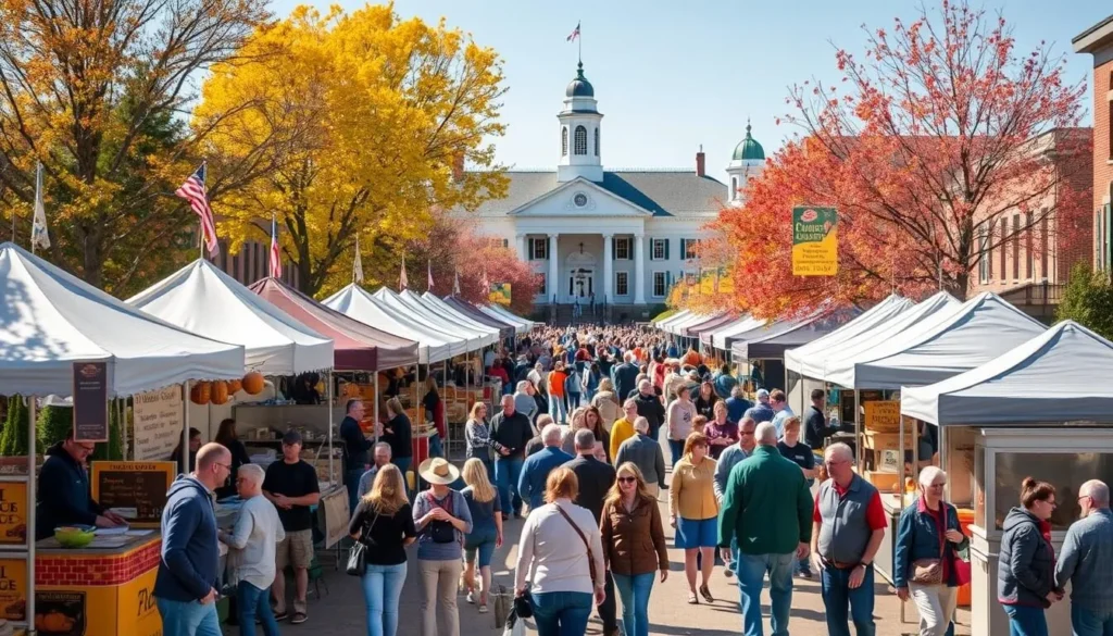 Covered Bridge Festival in Winterset showing crowds, vendor booths, and entertainment on the town square Covered Bridge Festival in Winterset showing crowds, vendor booths, and entertainment on the town square