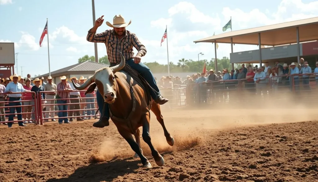 Cowboy riding bull at Okeechobee Cowtown Rodeo with crowd cheering in Okeechobee County, Florida Cowboy riding bull at Okeechobee Cowtown Rodeo with crowd cheering in Okeechobee County, Florida