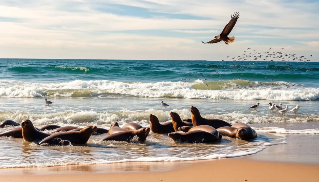 Cowell Ranch beach, California, on a sunny afternoon. In the foreground, a pod of playful sea lions frolicking in the gentle waves, their sleek bodies glistening. In the middle ground, a group of shorebirds scurrying along the sandy shore, their delicate legs leaving intricate patterns. Farther out, schools of vibrant fish dart through the turquoise waters, while above, a majestic bald eagle soars, its keen eyes scanning the landscape. The warm, golden light filters through wispy clouds, casting a serene, natural atmosphere. Capture this idyllic wildlife scene with a wide-angle lens, showcasing the beauty and diversity of Cowell Ranch's coastal ecosystem.