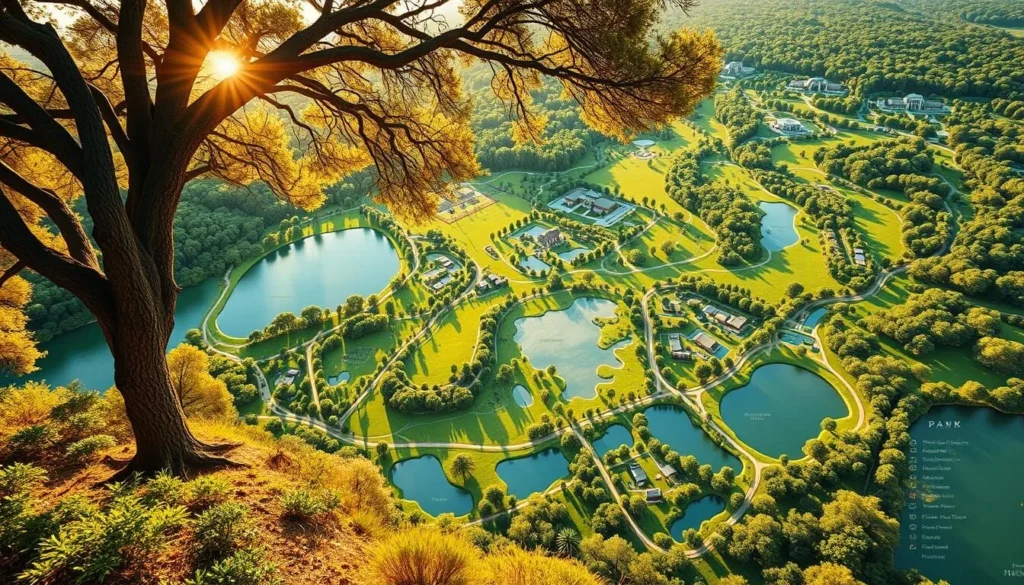 Coyote Lake Park Map - a detailed cartographic rendering of the lush, verdant parklands, showcasing its winding trails, shimmering lakes, and diverse wildlife habitats. Capture the scene with a wide-angle lens, bathed in warm, golden sunlight filtering through towering oak trees. Render the map with meticulous precision, highlighting key landmarks, amenities, and points of interest for visitors. Convey a sense of tranquility and exploration, inviting the viewer to immerse themselves in the natural beauty of this idyllic outdoor destination.