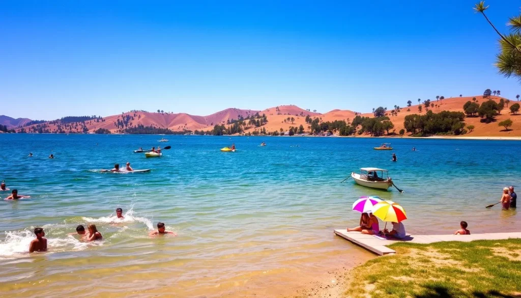 Coyote Lake on a sunny summer day, the crystal-clear waters inviting visitors to swim, kayak, and paddleboard. In the foreground, people splash and play in the gently lapping waves, their laughter echoing across the serene lake. The middle ground features a group of friends setting up a picnic on the grassy shoreline, their colorful umbrellas and blankets adding a vibrant touch. In the background, rolling hills dotted with pine trees form a picturesque natural backdrop, the warm sunlight casting a golden glow over the entire scene. The overall mood is one of tranquility and outdoor recreation, capturing the essence of a perfect day at Coyote Lake.