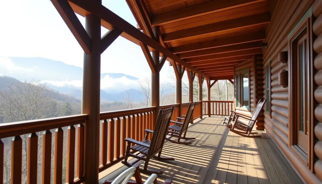 Cozy cabin rental in Pigeon Forge with mountain views and a porch with rocking chairs Cozy cabin rental in Pigeon Forge with mountain views and a porch with rocking chairs