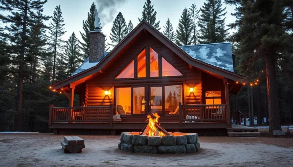 Cozy cabin rental near Bemidji State Park with bonfire pit surrounded by pine trees Cozy cabin rental near Bemidji State Park with bonfire pit surrounded by pine trees