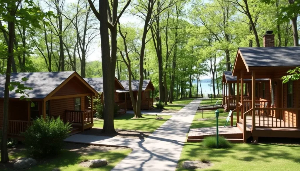 Cozy cottages at Barren River Lake State Resort Park surrounded by trees Cozy cottages at Barren River Lake State Resort Park surrounded by trees
