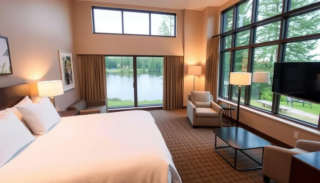 Cozy hotel room near Island Lake with lake view from window Cozy hotel room near Island Lake with lake view from window