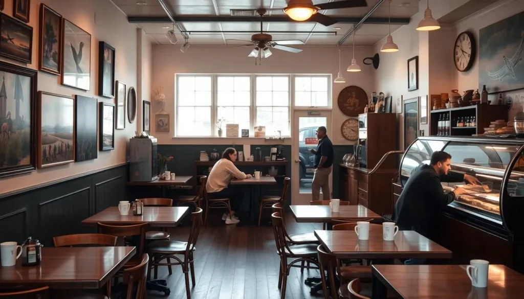 Cozy interior of Mockingbird Café in Bay Saint Louis with coffee and pastries Cozy interior of Mockingbird Café in Bay Saint Louis with coffee and pastries