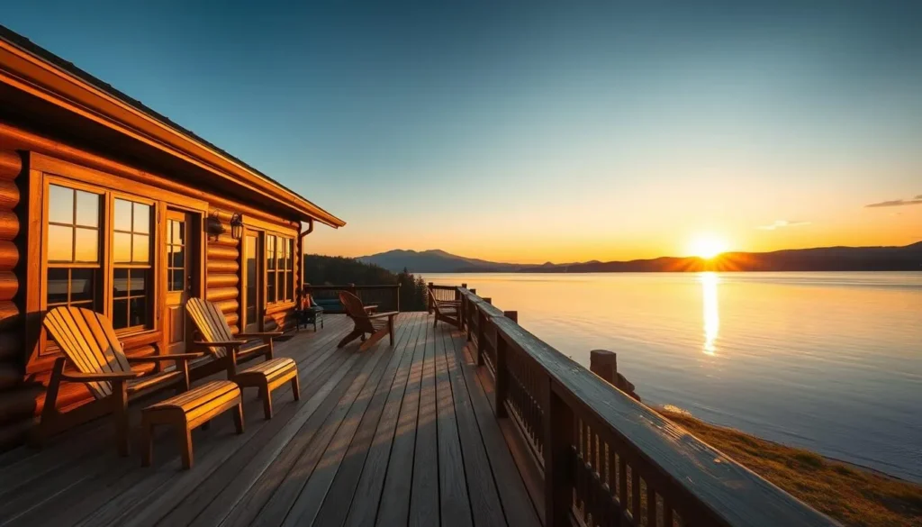 Cozy lakefront cabin with a deck overlooking Lake Winnipesaukee at sunset Cozy lakefront cabin with a deck overlooking Lake Winnipesaukee at sunset