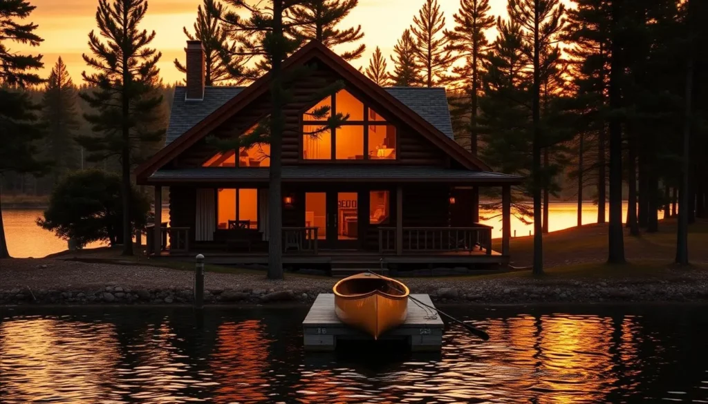 Cozy lakeside cabin at sunset on Gunflint Lake, Minnesota Cozy lakeside cabin at sunset on Gunflint Lake, Minnesota