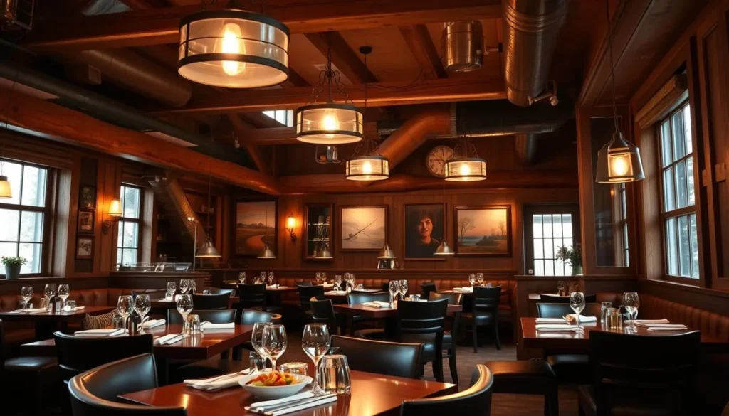 Cozy restaurant interior in Ellicottville with rustic decor and local cuisine being served Cozy restaurant interior in Ellicottville with rustic decor and local cuisine being served