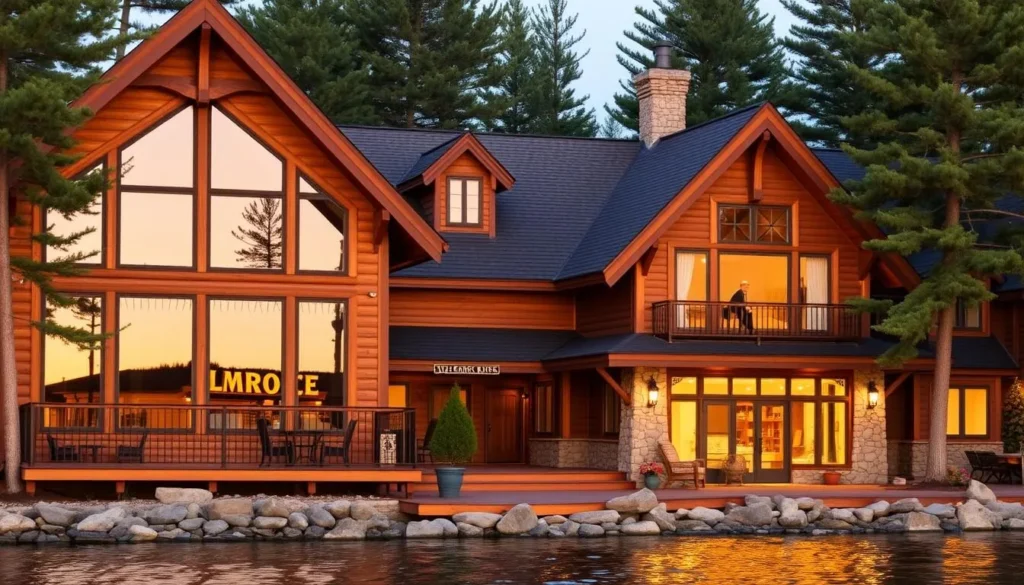 Cozy riverside lodge in St. Lawrence County with Adirondack-style architecture Cozy riverside lodge in St. Lawrence County with Adirondack-style architecture