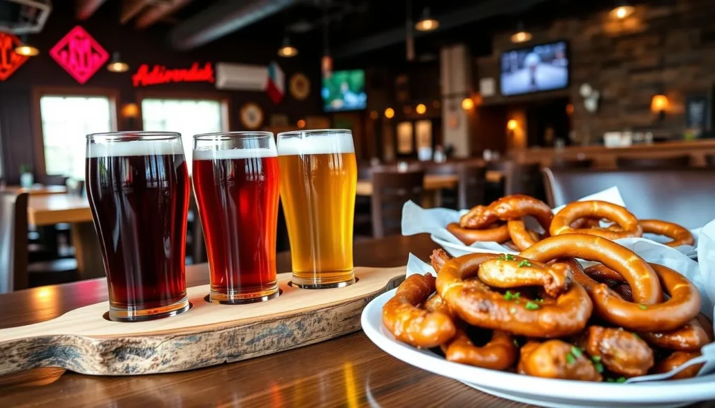 Craft beer flight and pub food at Adirondack Pub & Brewery in Lake George, Warren County, NY Craft beer flight and pub food at Adirondack Pub & Brewery in Lake George, Warren County, NY