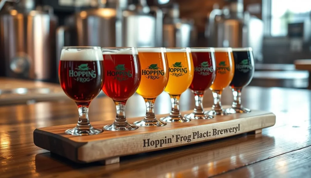 Craft beer flight at Hoppin' Frog Brewery in Akron with various beer styles in tasting glasses Craft beer flight at Hoppin' Frog Brewery in Akron with various beer styles in tasting glasses