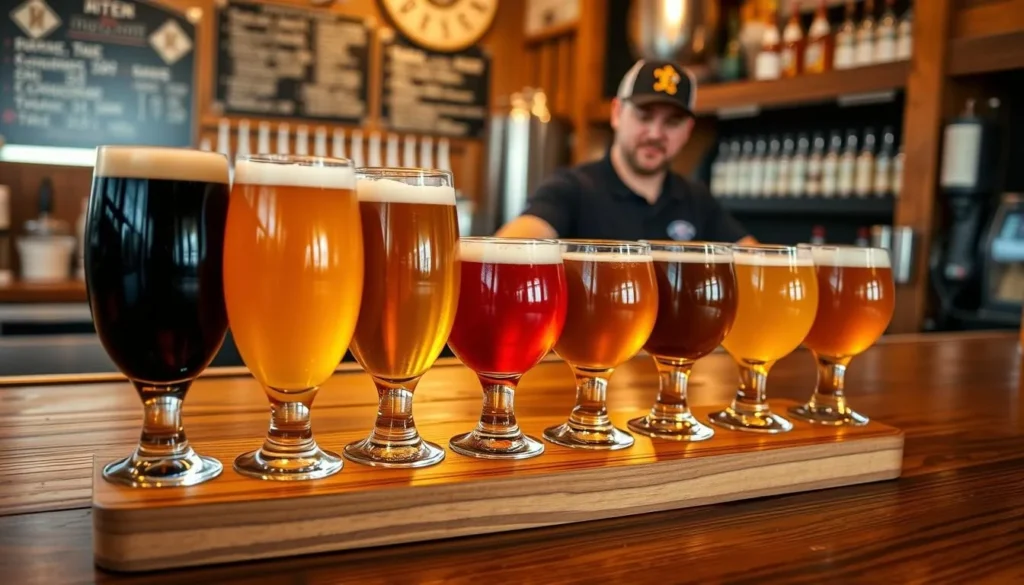 Craft beer flight at a Grand Rapids brewery with bartender in background Craft beer flight at a Grand Rapids brewery with bartender in background