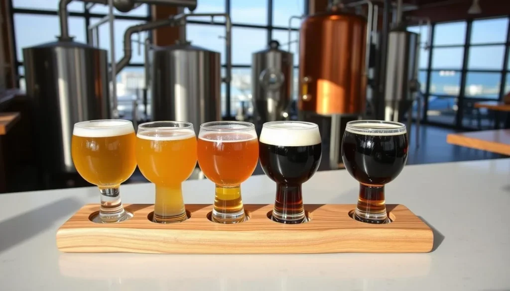 Craft beer flight at a Traverse City Michigan brewery with waterfront views Craft beer flight at a Traverse City Michigan brewery with waterfront views
