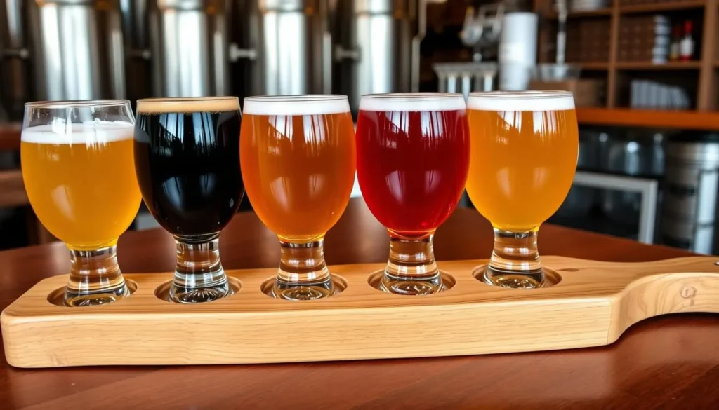 Craft beer flight with various beer styles at a Portland brewery Craft beer flight with various beer styles at a Portland brewery