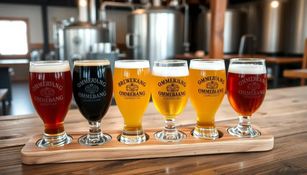 Craft beer tasting flight at Brewery Ommegang with Belgian-style ales in branded glasses Craft beer tasting flight at Brewery Ommegang with Belgian-style ales in branded glasses