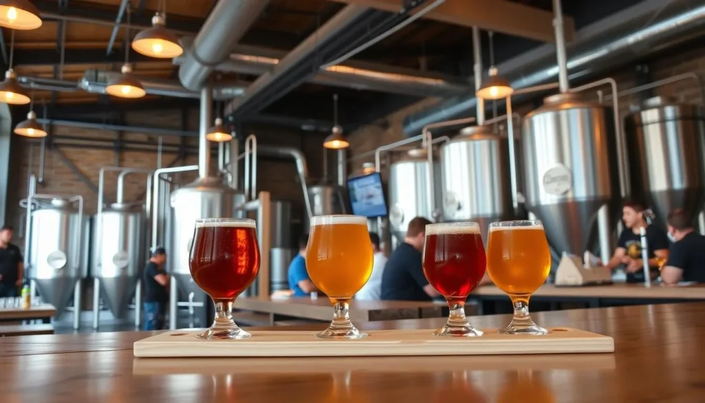 Craft brewery in Schenectady with beer tasting flight and brewing equipment visible Craft brewery in Schenectady with beer tasting flight and brewing equipment visible