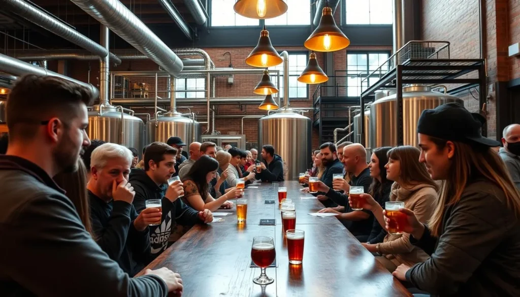 Craft brewery taproom in Richmond with people sampling beer flights Craft brewery taproom in Richmond with people sampling beer flights