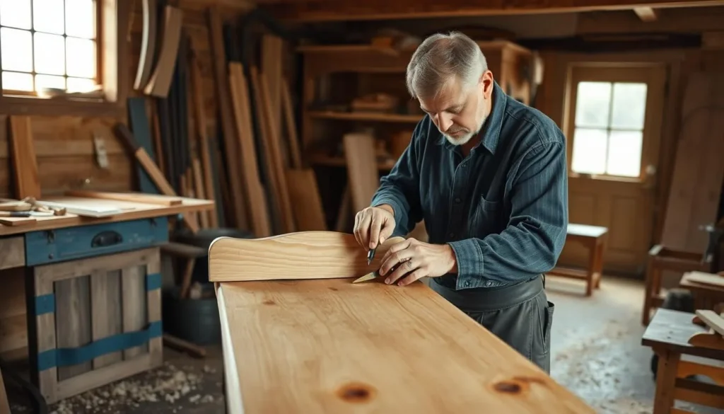 Craftsman working on handmade wooden furniture in Amish workshop Craftsman working on handmade wooden furniture in Amish workshop