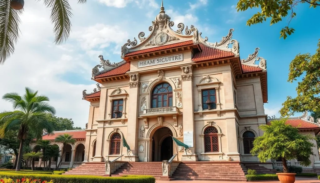 Create an image of the Museum of Cham Sculpture in Da Nang, Vietnam, showcasing its unique blend of French colonial and Cham architectural styles.