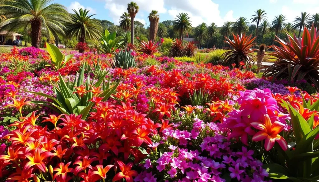 Create an image of the beautiful gardens at Dole Plantation, showcasing a variety of tropical plants and flowers.