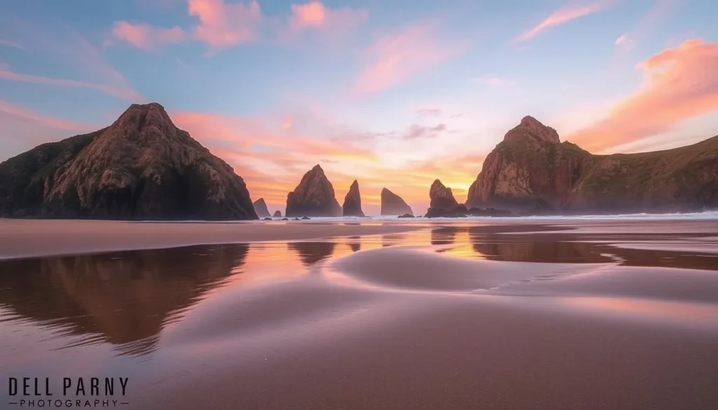 Crescent Beach at sunset with dramatic sea stacks and cliffs in the background Crescent Beach at sunset with dramatic sea stacks and cliffs in the background
