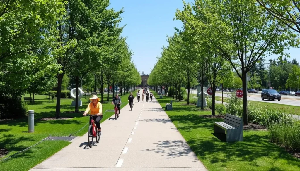 Cross Kirkland Corridor trail with cyclists and pedestrians enjoying the scenic path Cross Kirkland Corridor trail with cyclists and pedestrians enjoying the scenic path