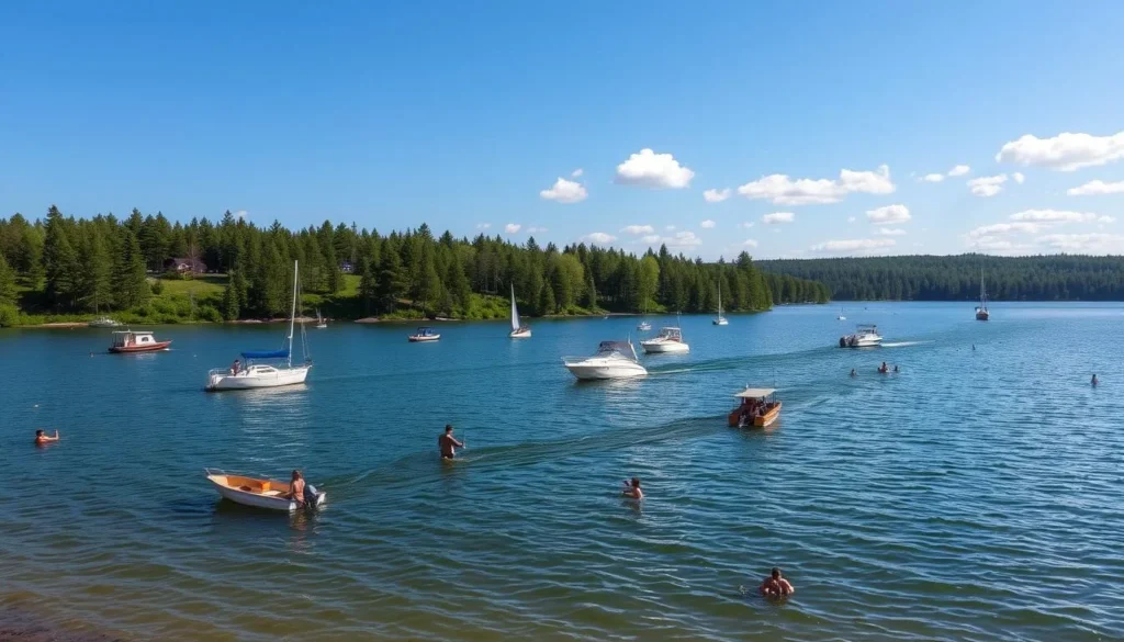 Cross Lake in summer with boats on the water and people enjoying water activities Cross Lake in summer with boats on the water and people enjoying water activities