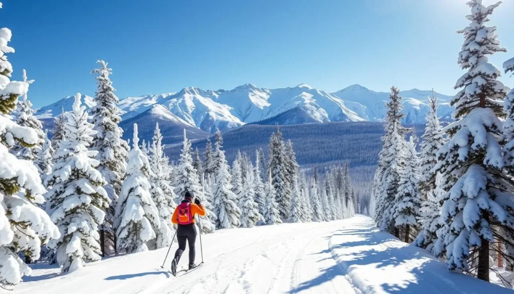 Cross-country skier on a snowy trail in Sierra County with mountain views Cross-country skier on a snowy trail in Sierra County with mountain views