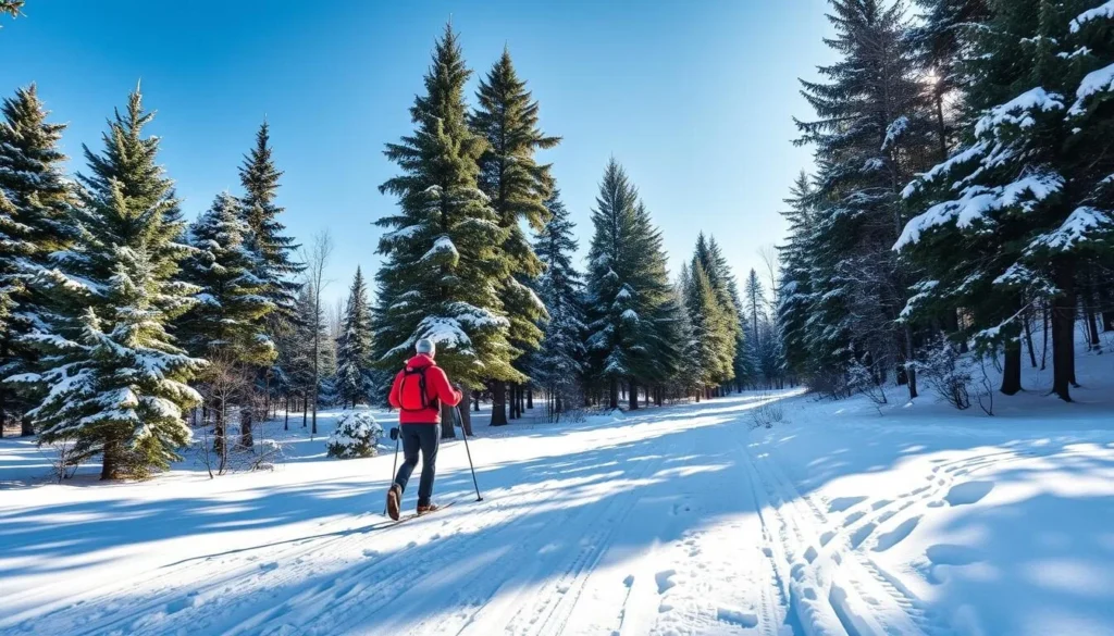 Cross-country skier on a snowy trail in Sullivan County New York with evergreen trees