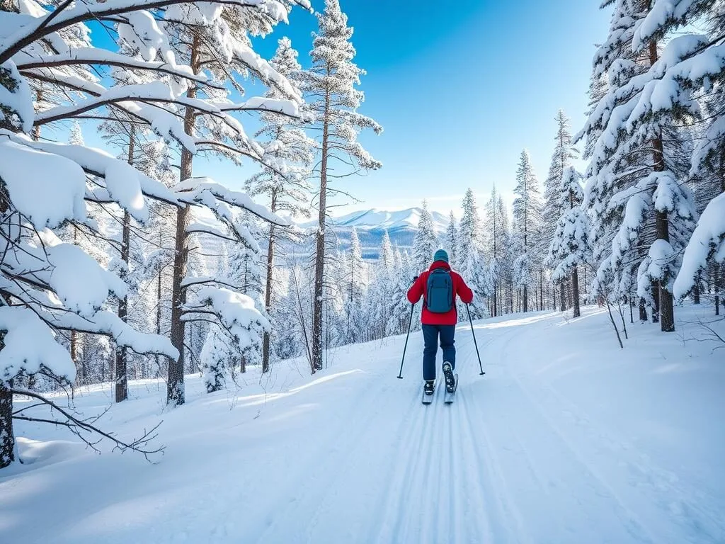 Cross-country skier on a snowy trail near Lake Willoughby in winter Cross-country skier on a snowy trail near Lake Willoughby in winter