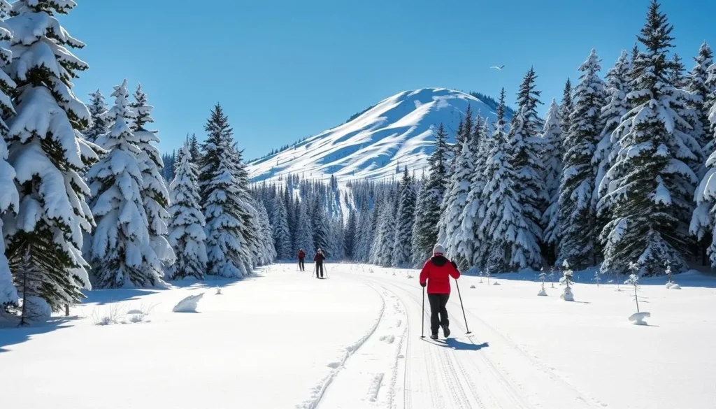 Cross-country skiers on a snow-covered trail in Lassen Volcanic National Park with snow-covered trees and mountains in the background Cross-country skiers on a snow-covered trail in Lassen Volcanic National Park with snow-covered trees and mountains in the background