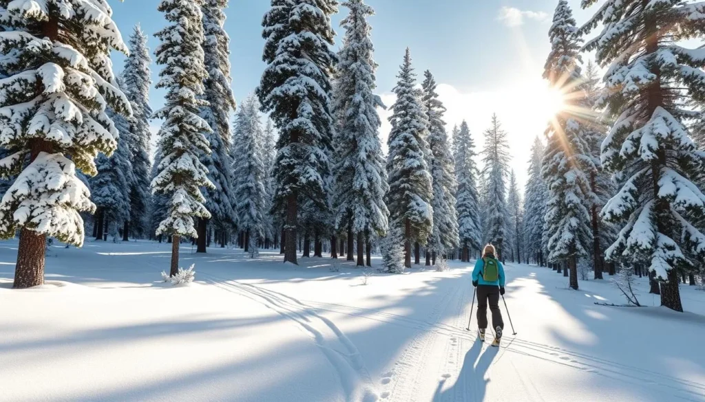 Cross-country skiing in Tahoe National Forest with snow-covered pine trees Cross-country skiing in Tahoe National Forest with snow-covered pine trees