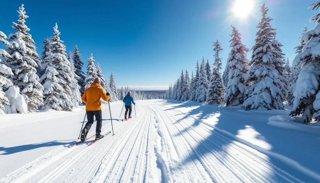 Cross-country skiing on groomed trails near Gunflint Lake in winter Cross-country skiing on groomed trails near Gunflint Lake in winter
