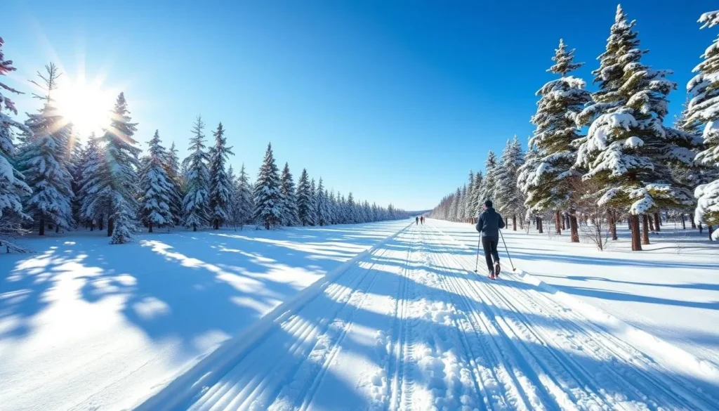 Cross-country skiing through snow-covered forest in Clinton County, New York Cross-country skiing through snow-covered forest in Clinton County, New York