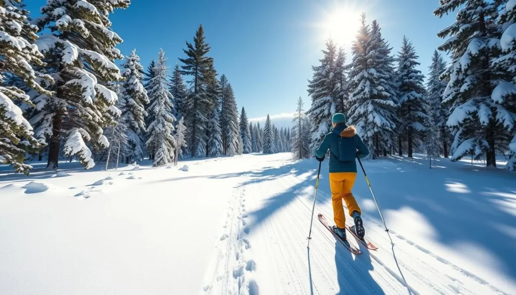 Cross-country skiing through snow-covered pine forest at Lake Itasca, Minnesota in winter Cross-country skiing through snow-covered pine forest at Lake Itasca, Minnesota in winter